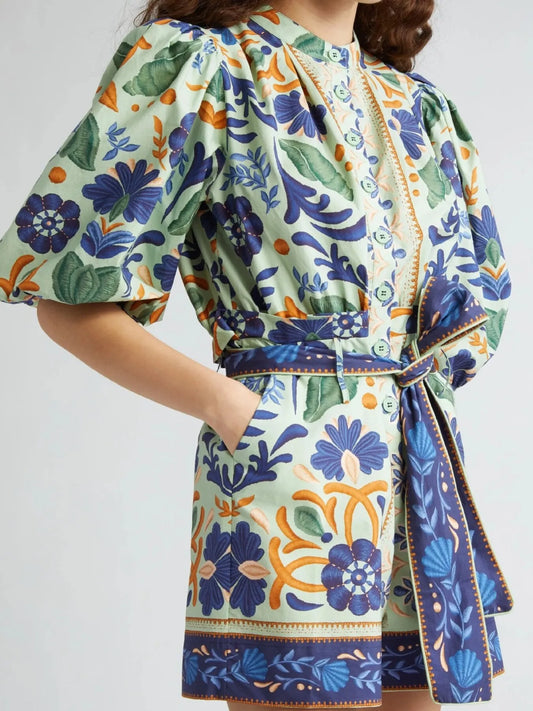 Floral Print Button-Front Belted Romper in Color