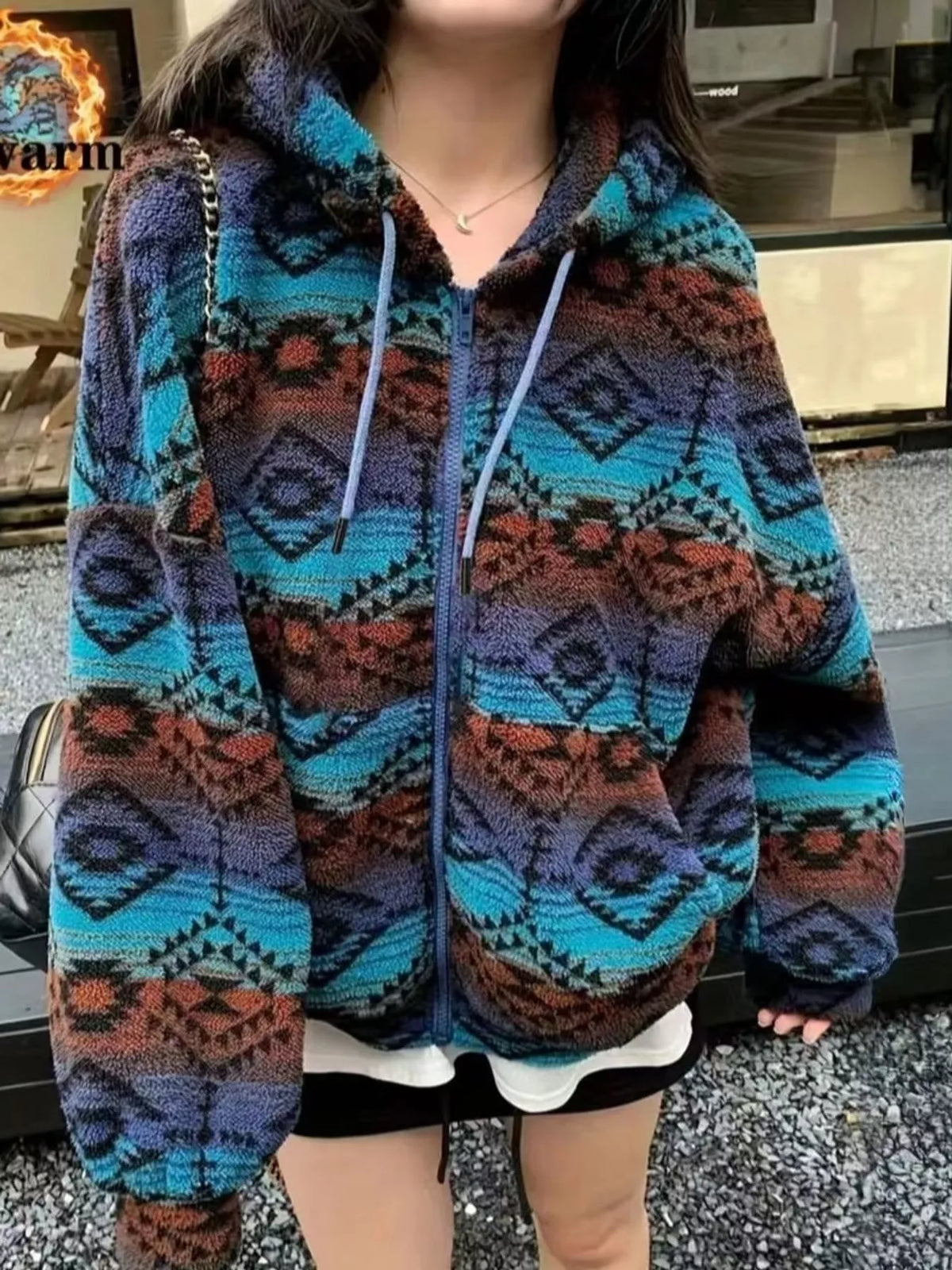 Geometric Print Fleece Zip-Up Jacket in Blue in Blue-Single Piece Jacket