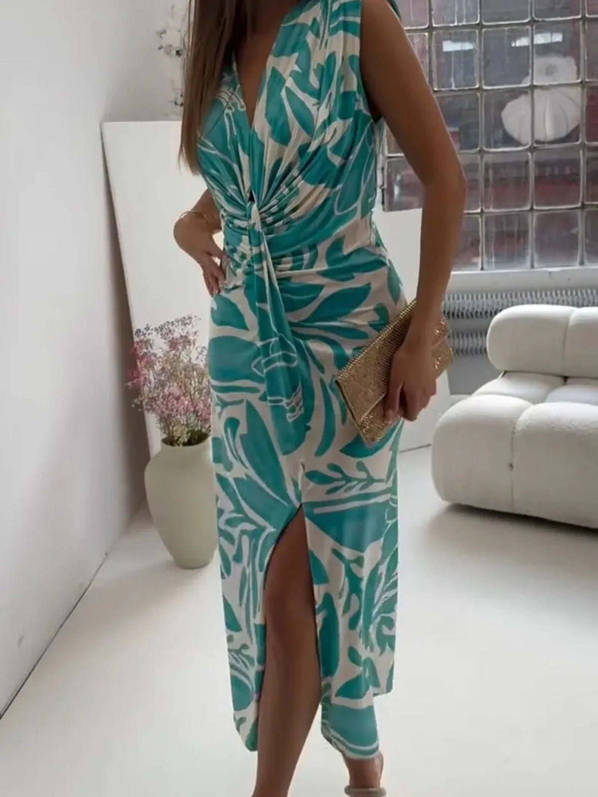 Slit Printed V-Neck Midi Dress