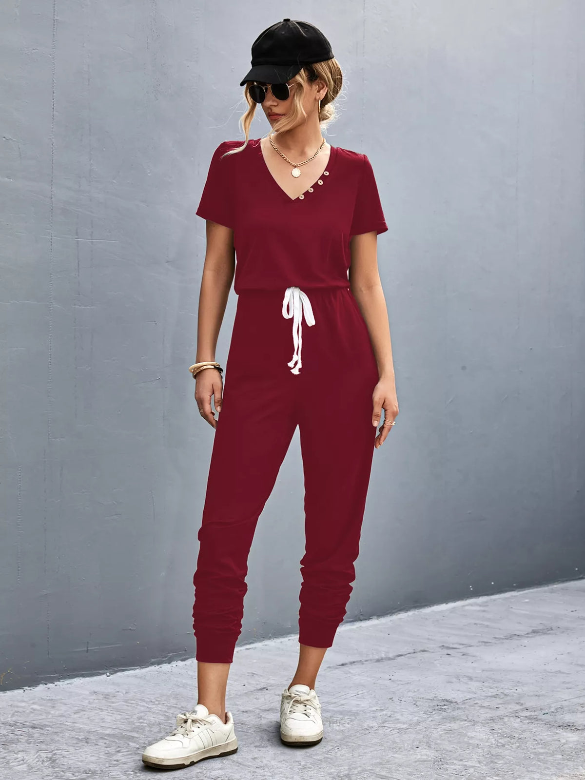 V-Neck Drawstring Waist Jumpsuit in Burgundy