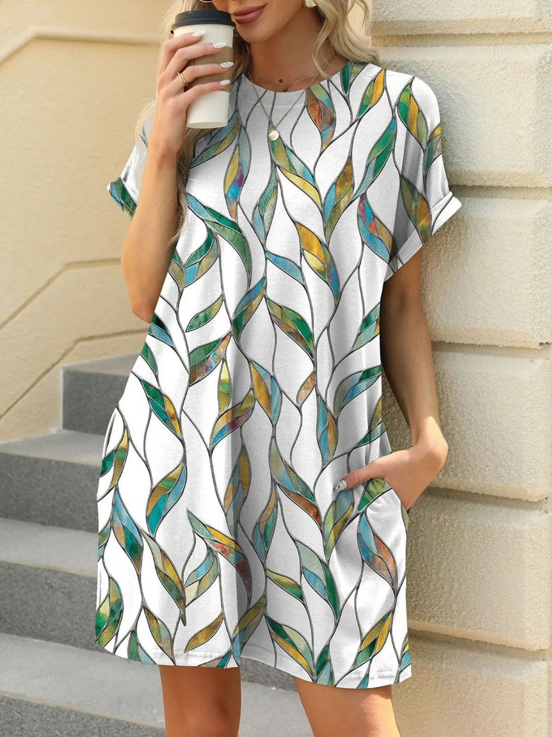 Printed Round Neck Mini Dress