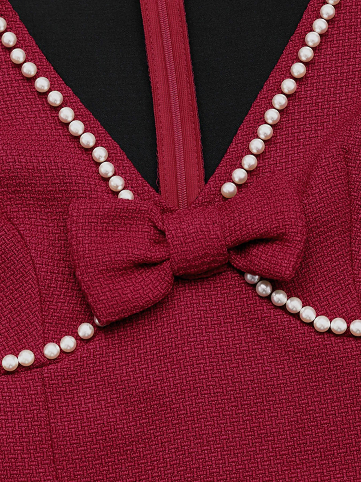 Pearl Trim V-Neck Long Sleeve Bodycon Dress in Red