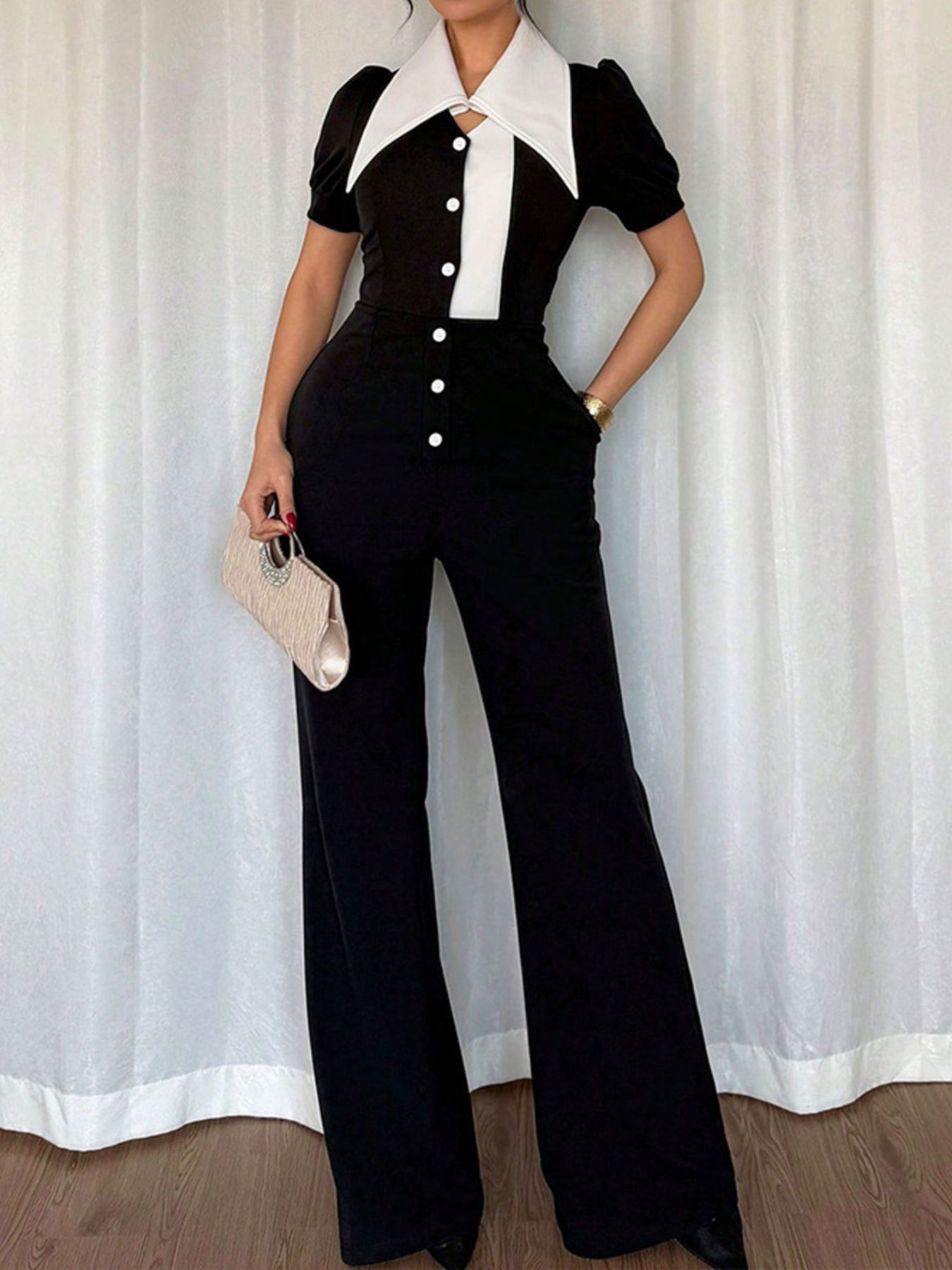 Button-Down Wide Leg Jumpsuit in Black