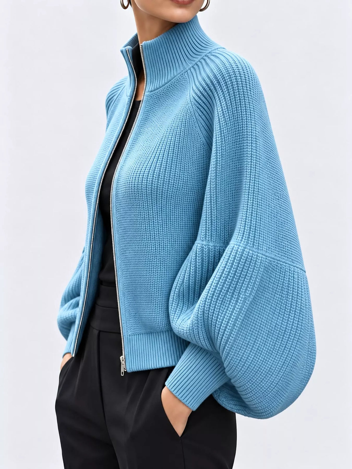 Ribbed Knit Zip-Up Cardigan with Lantern Sleeves