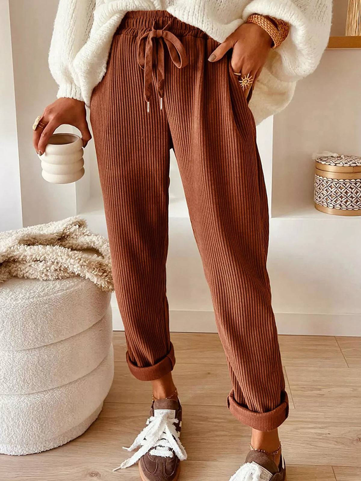 Corduroy Drawstring Waist Pants