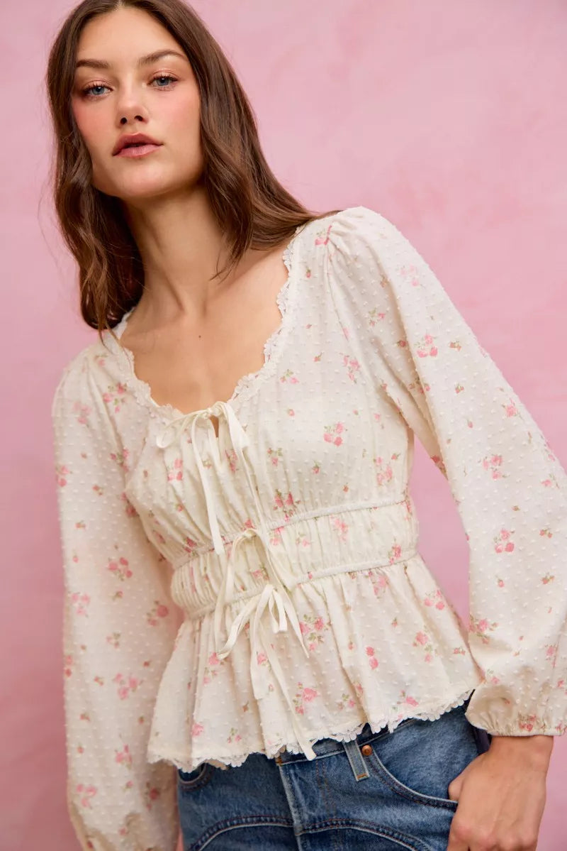 So Me Floral Clip Dot Lace Trim Blouse in White