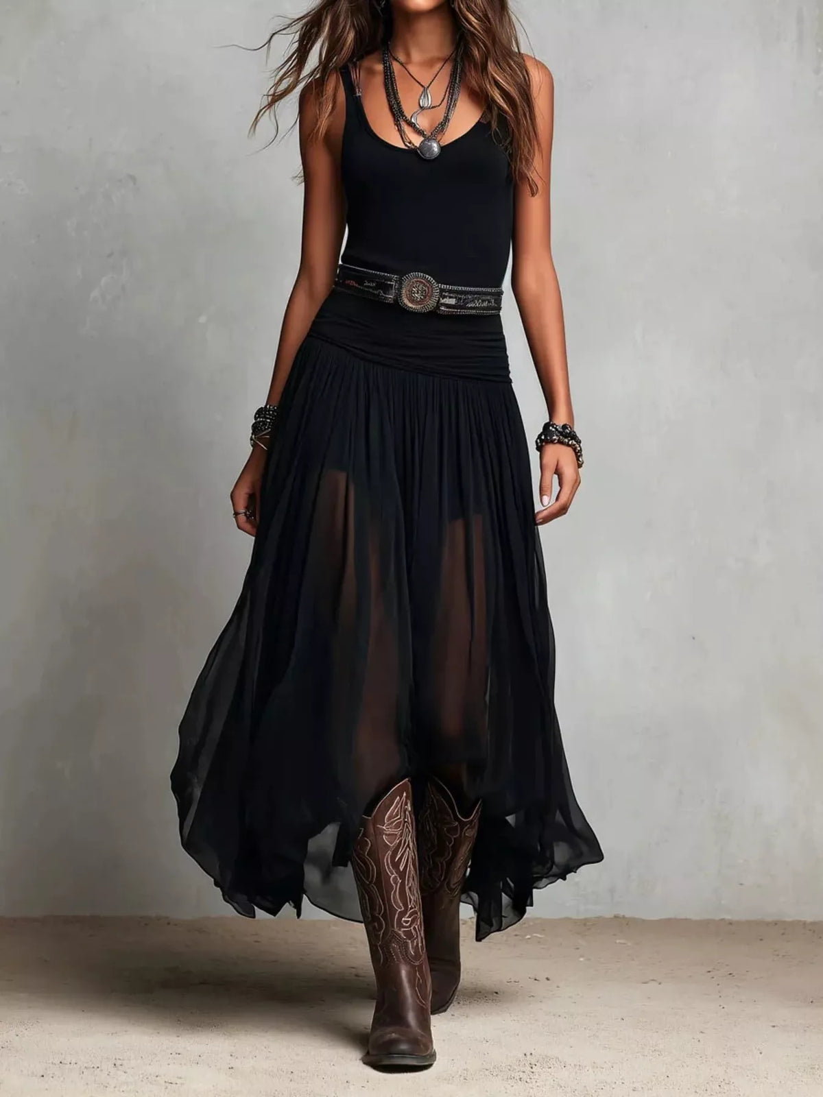 Scoop Neck Sheer Mesh Maxi Dress in Black