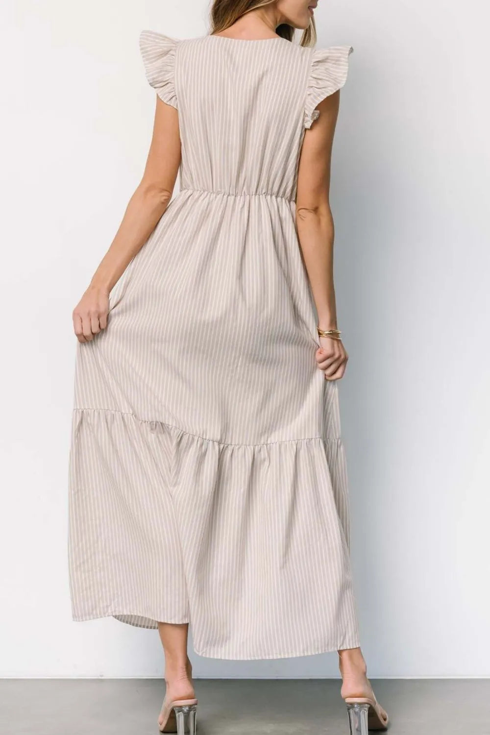 Striped V-Neck Ruffled Cap Sleeve Dress