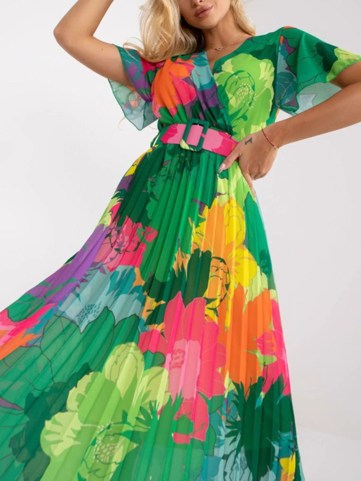 Printed Pleated Midi Wrap Dress