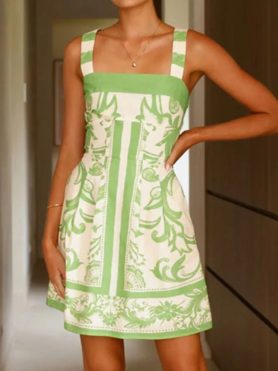 Printed Square Neck Buttoned Midi Dress