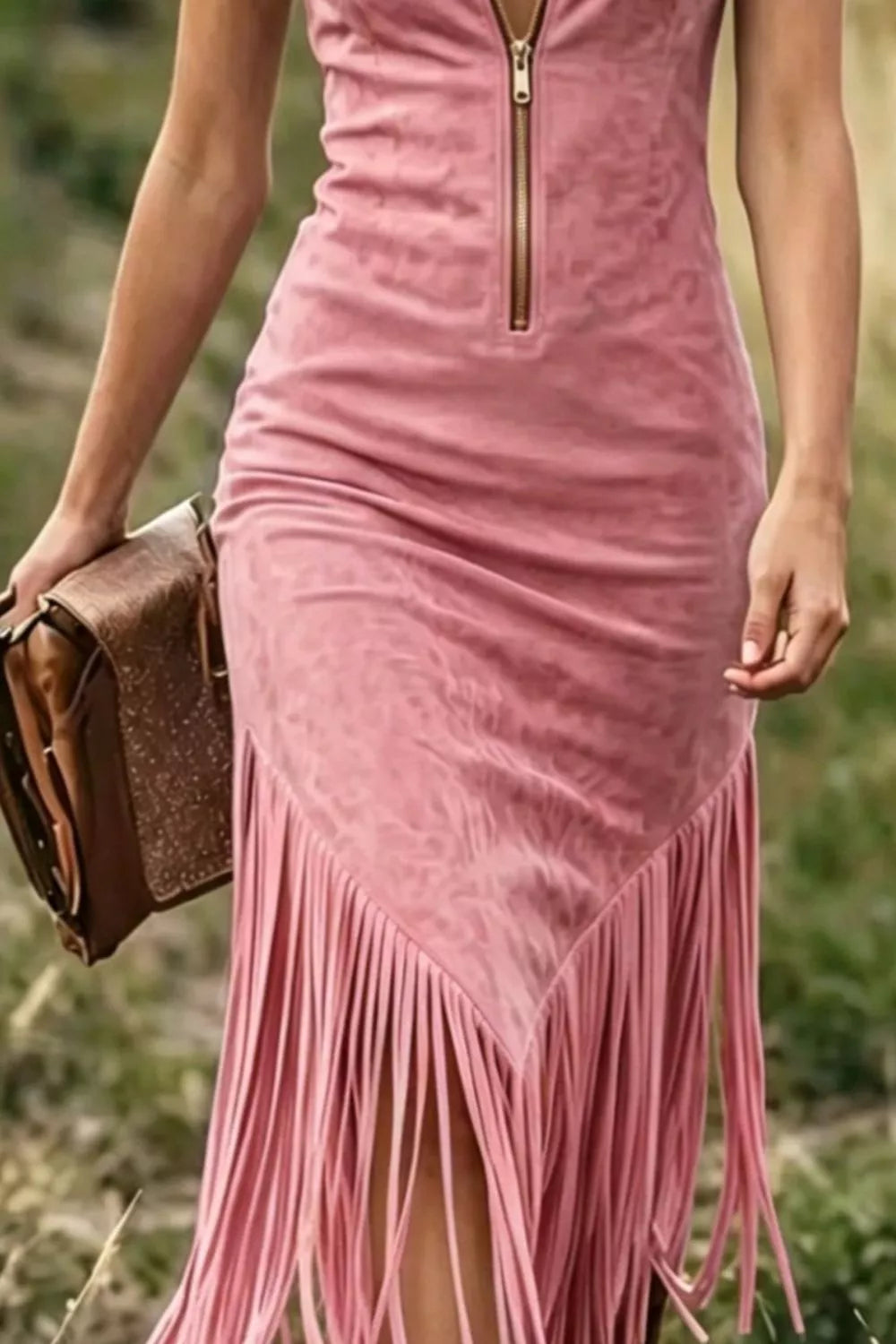 Fringe Zip-Front Sleeveless Dress