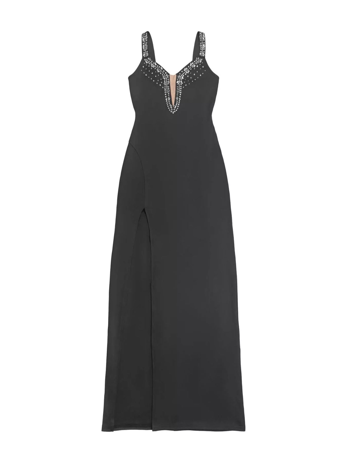 Rhinestone Cutout Back High Slit Maxi Dress in Black