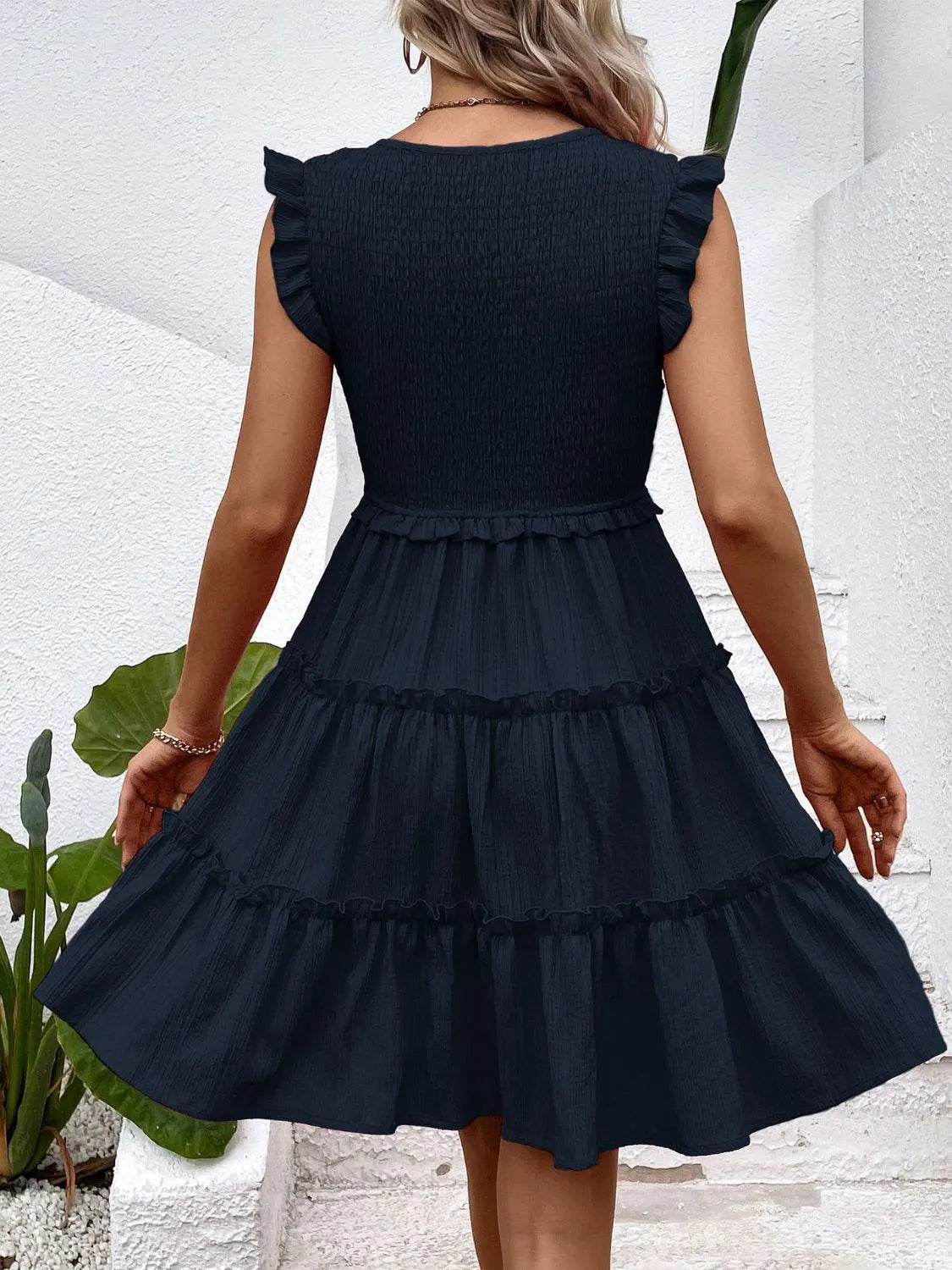 Ruffled V-Neck Cap Sleeve Dress with Smocking