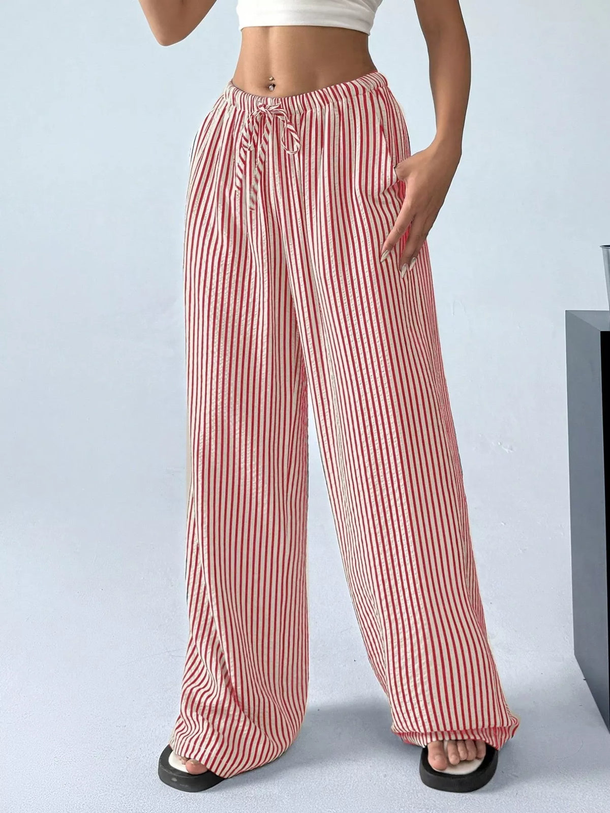 Plus-Size Striped Drawstring Wide-Leg Pants
