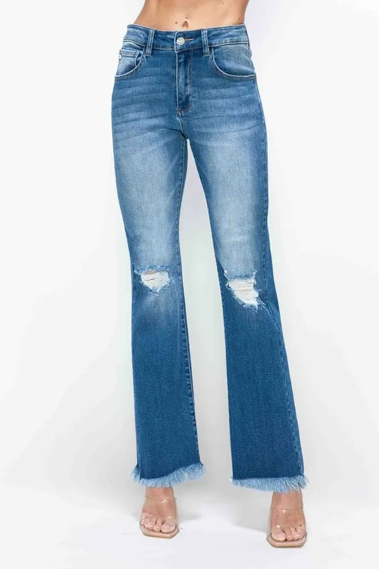 Raw Hem Distressed High Rise Bootcut Jeans in Medium Wash