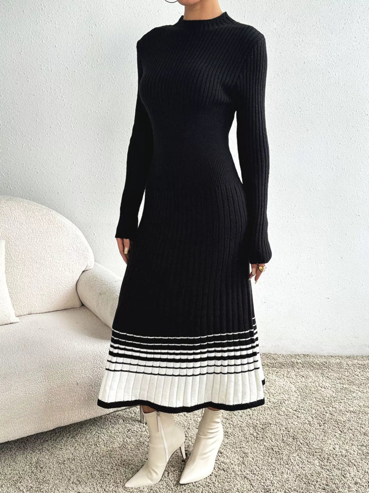 Ribbed Sweater Dress with Striped Hem in Black