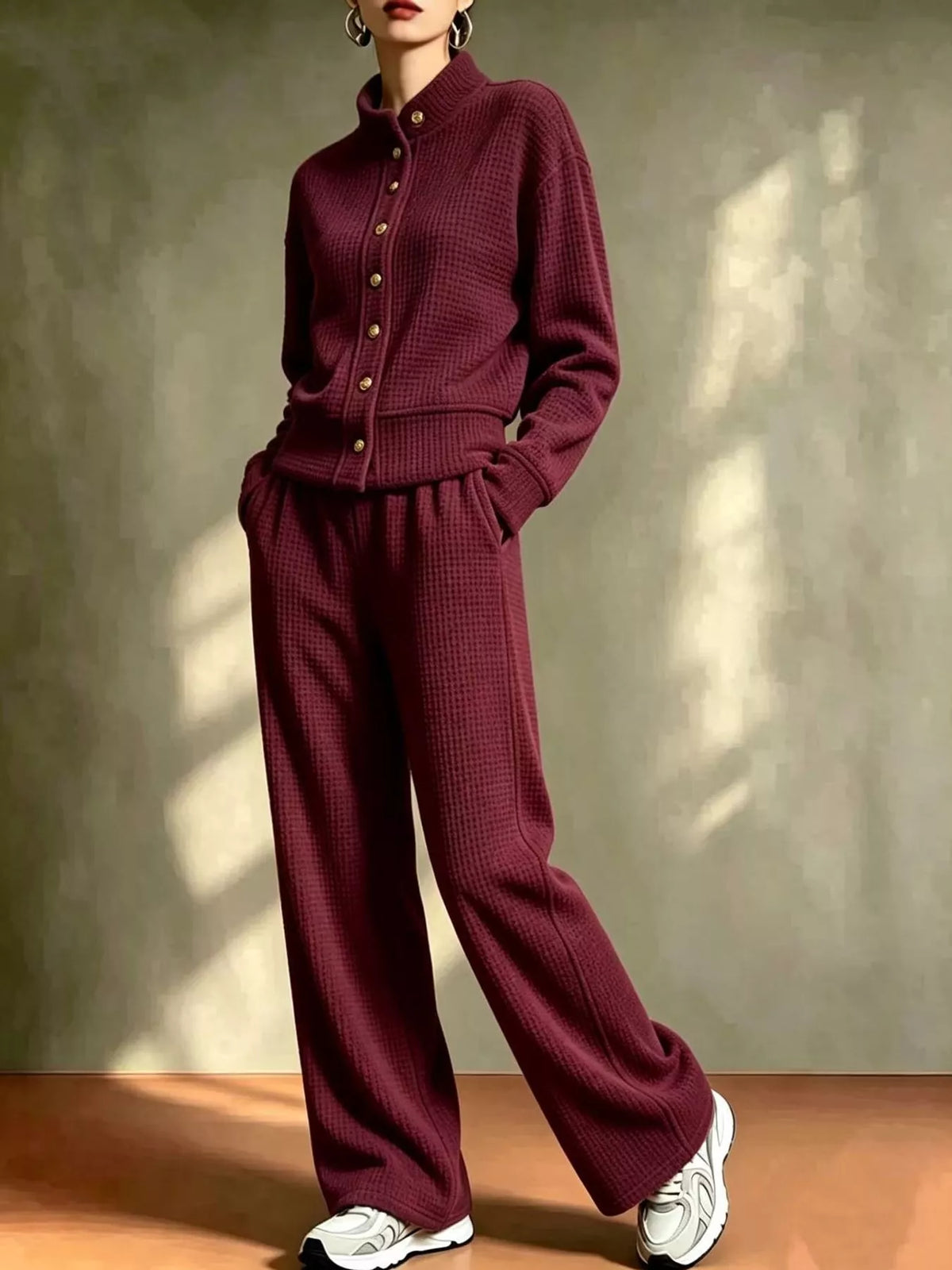Waffle Knit Button-Up and Wide-Leg Pants Set
