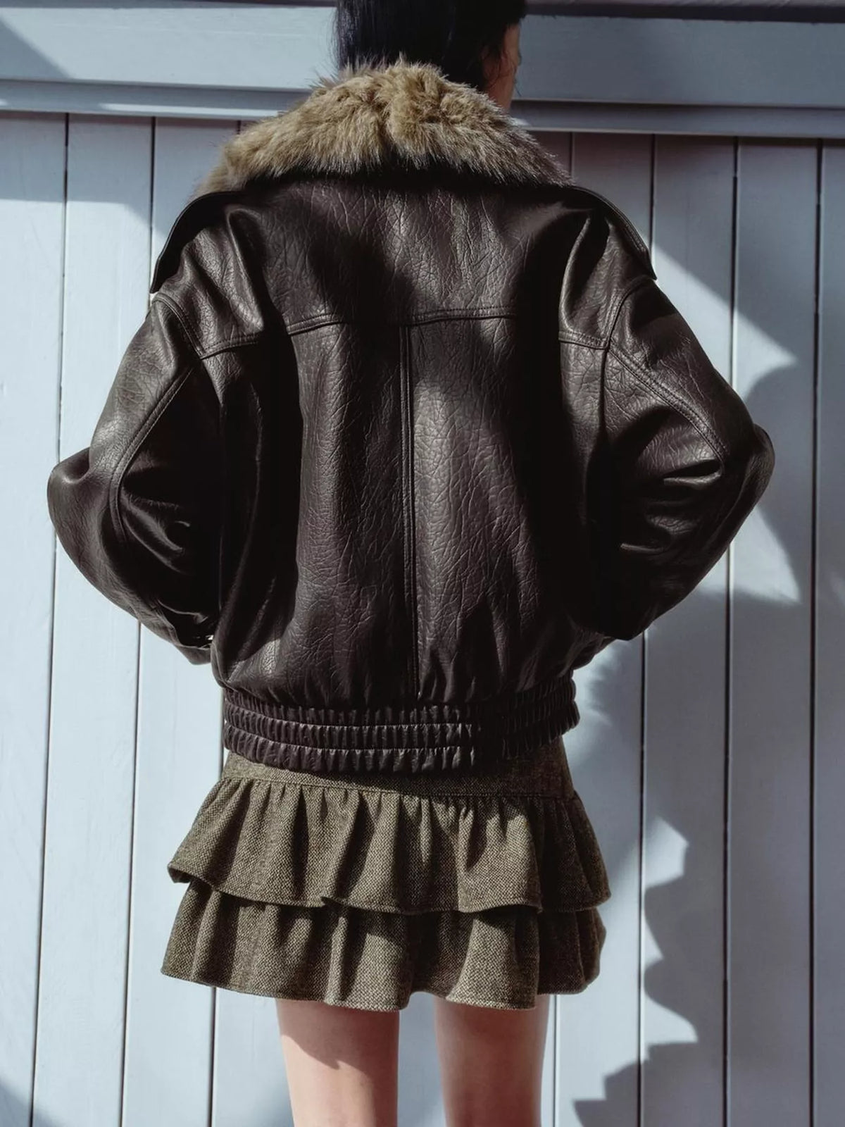 Faux Fur Collar Leather Bomber Jacket in Coffee