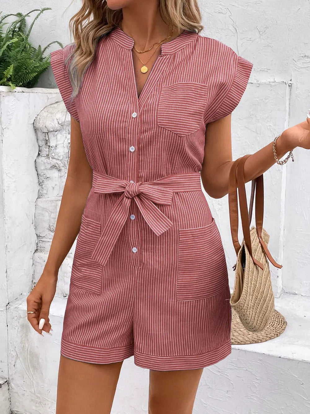 Notched Collar Striped Tie-Waist Romper