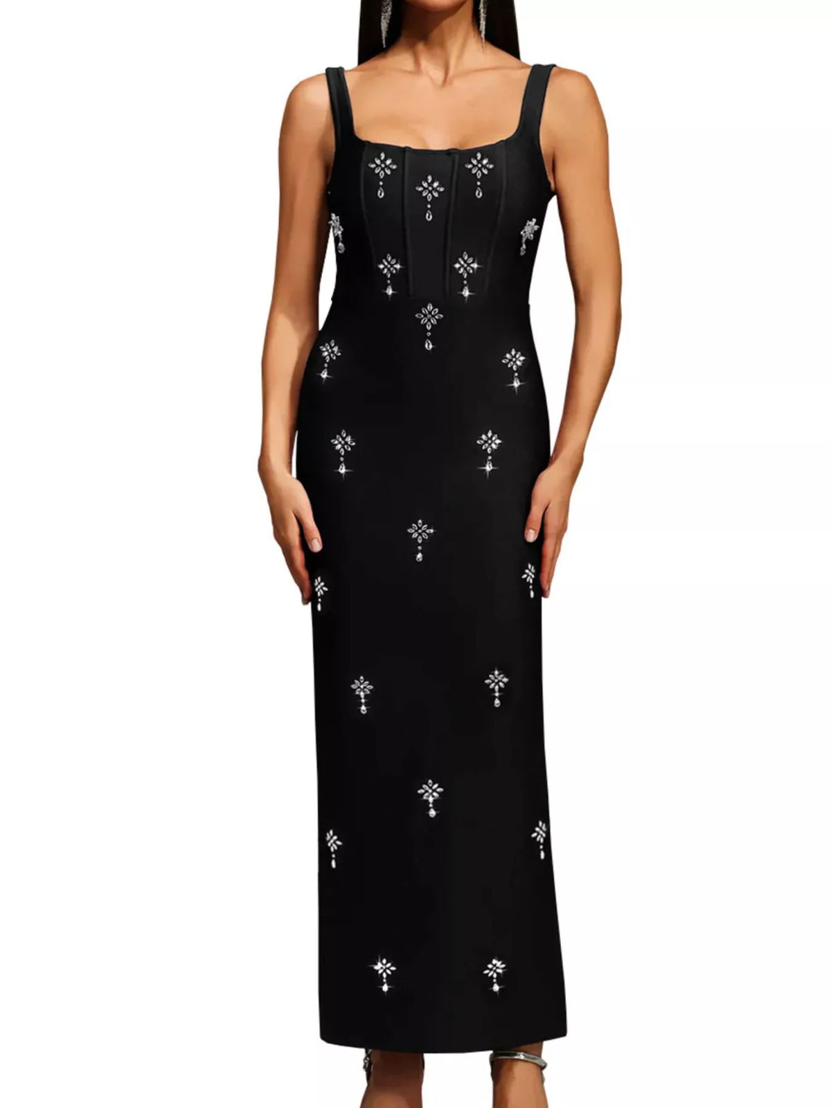 Rhinestone Bodycon Maxi Dress in Black