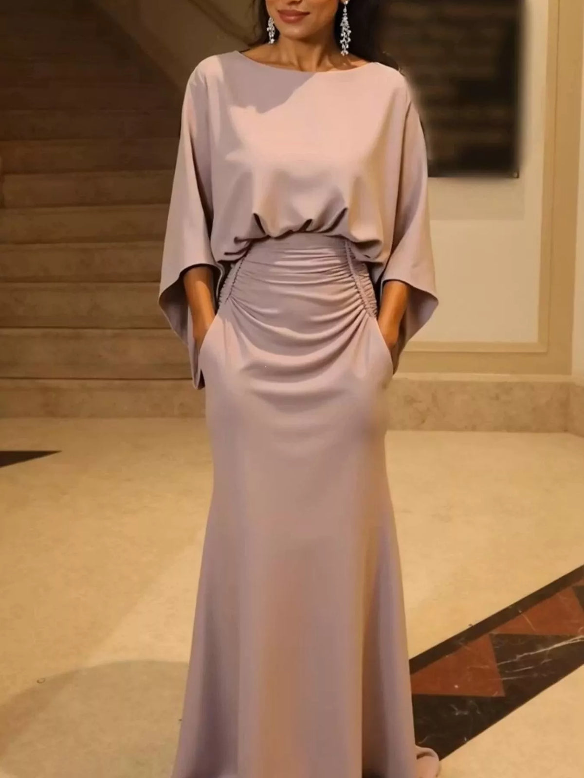 Ruched Batwing Sleeve Maxi Dress
