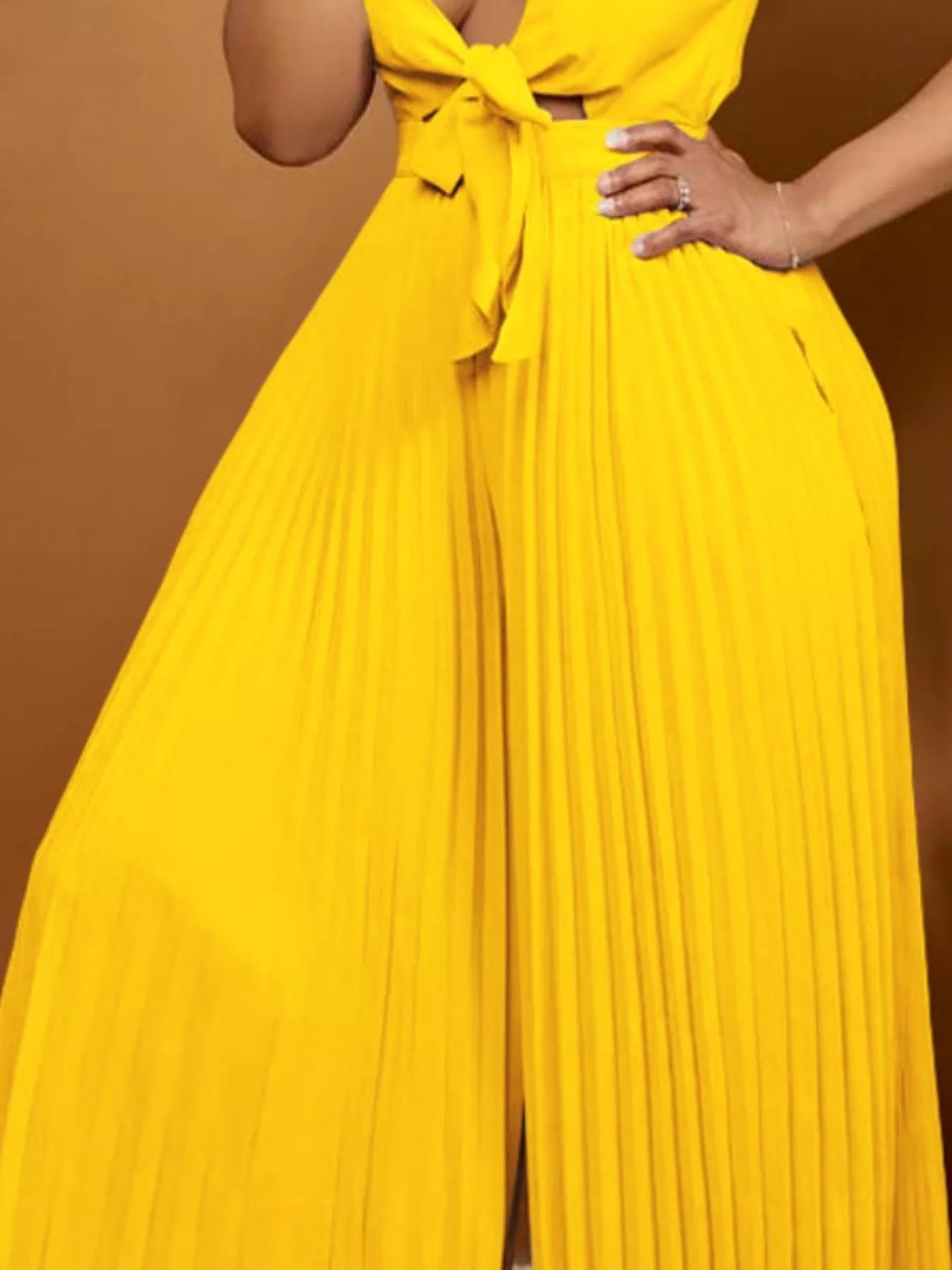 Tie-Front Pleated Wide Leg Jumpsuit