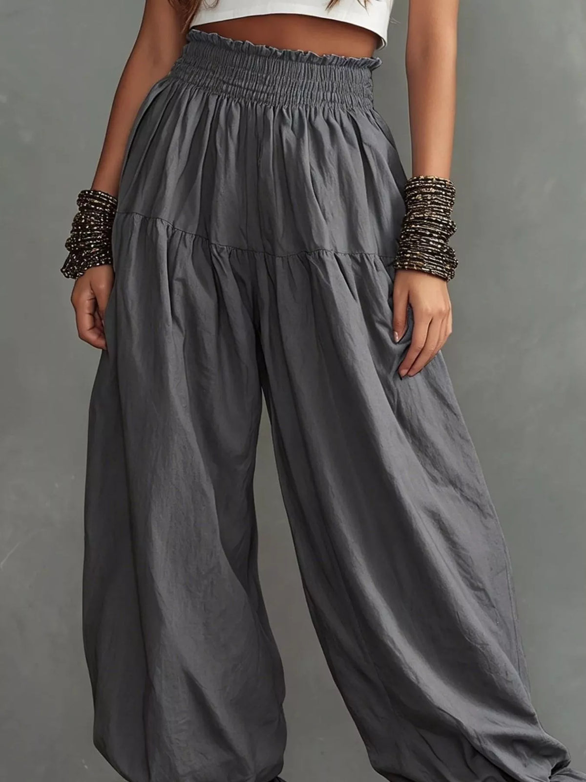 Smocked Ruffle Hem Wide Leg Pants