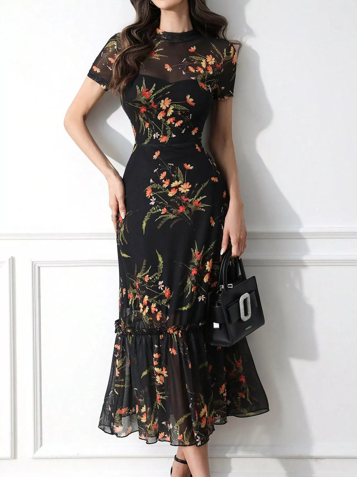 Floral Sheer Overlay Midi Dress in Black