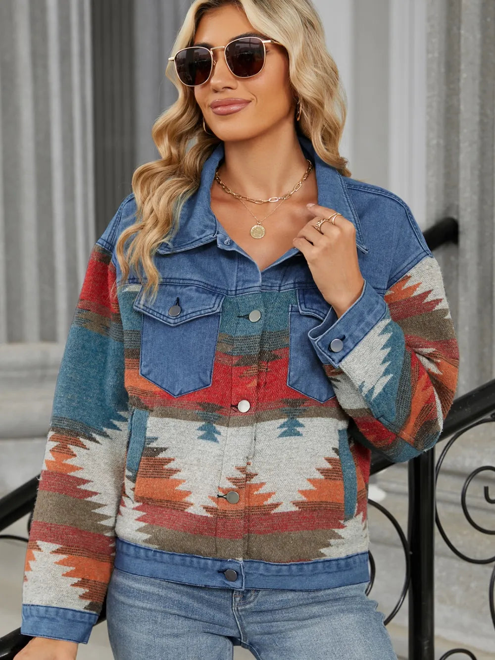 Geometric Button-Up Denim Jacket in Dusty Blue by Manny