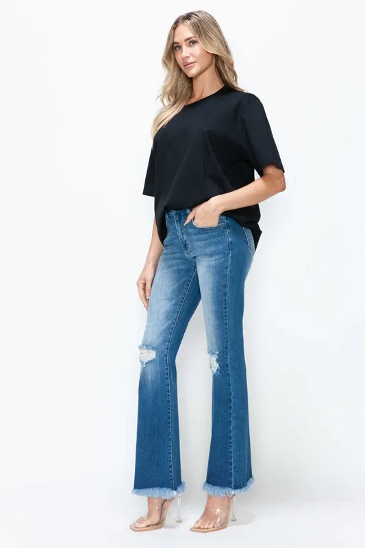 Raw Hem Distressed High Rise Bootcut Jeans in Medium Wash