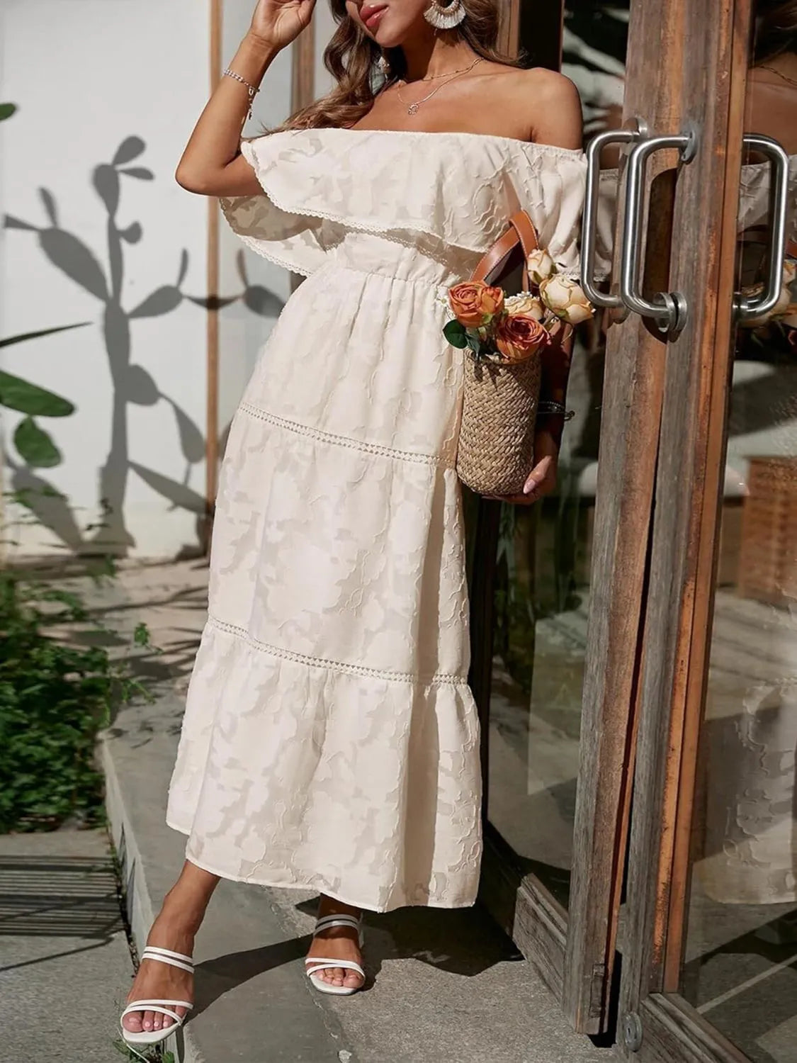 Ruched Off-Shoulder Midi Dress by Golden Gueen
