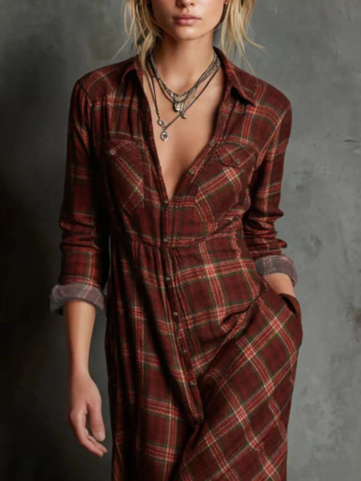 Plaid Button-Down Maxi Dress with Pockets