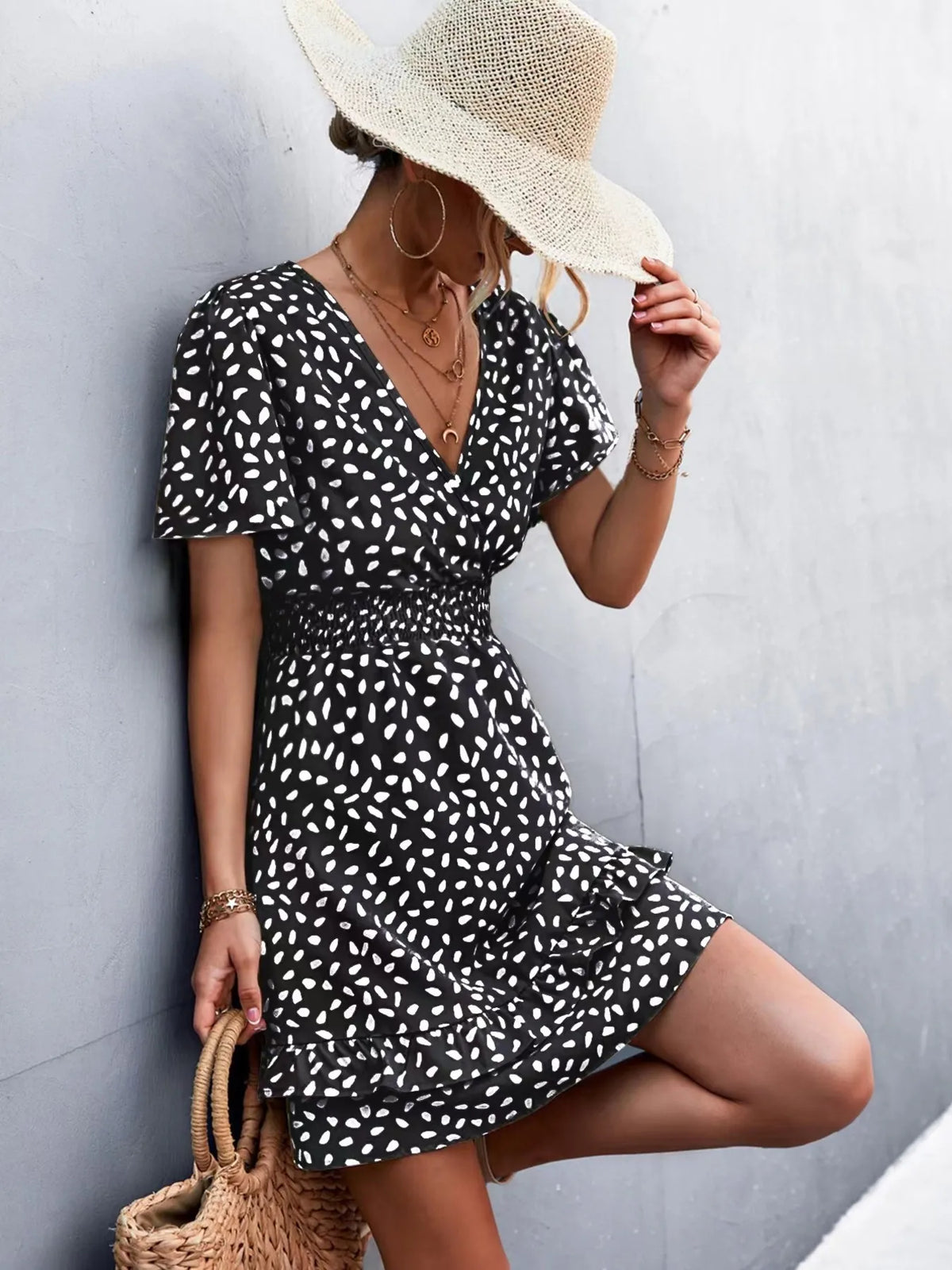 V-Neck Flutter Sleeve Mini Dress by Elaine