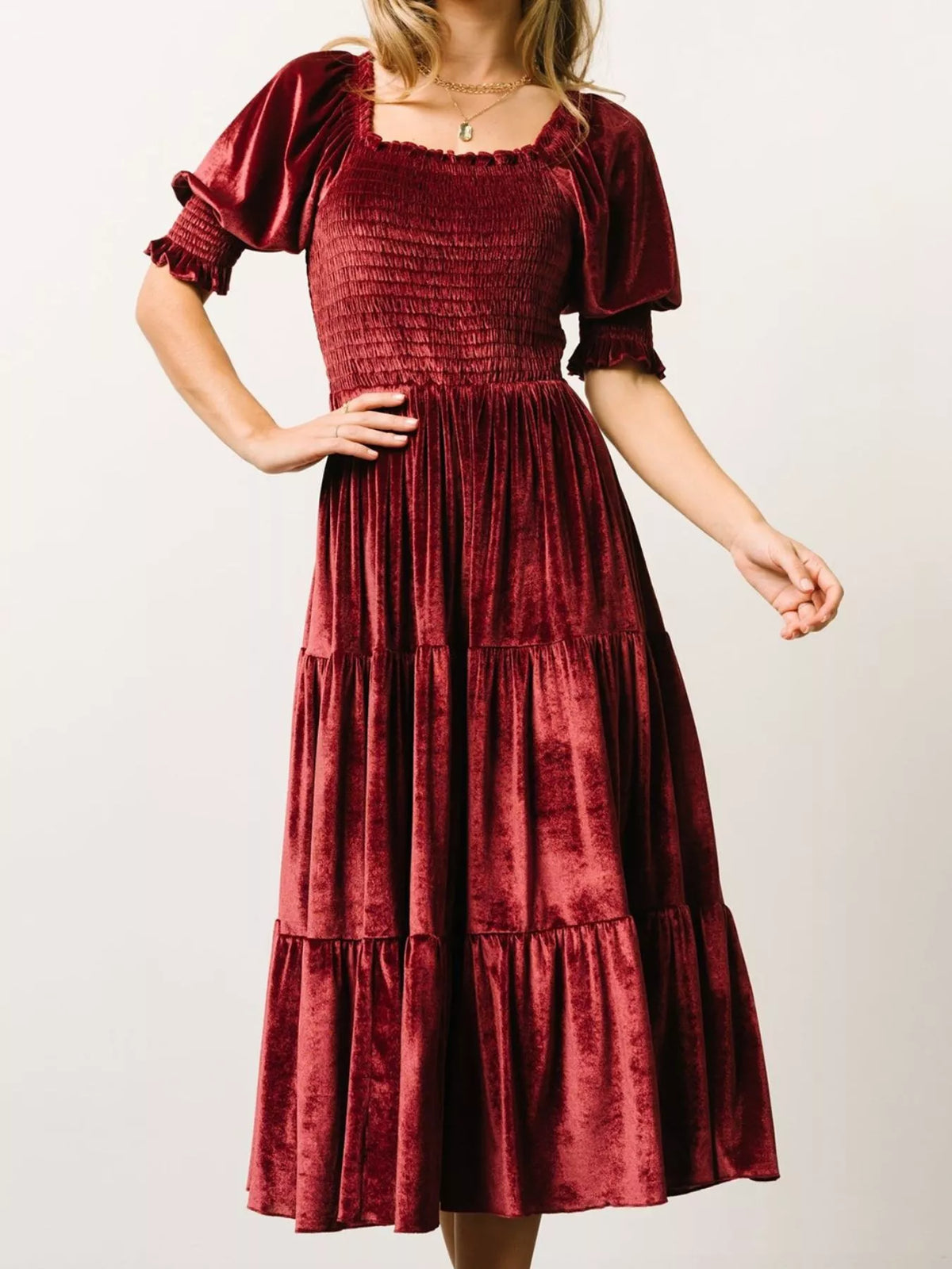 Smocked Tiered Velvet Midi Dress