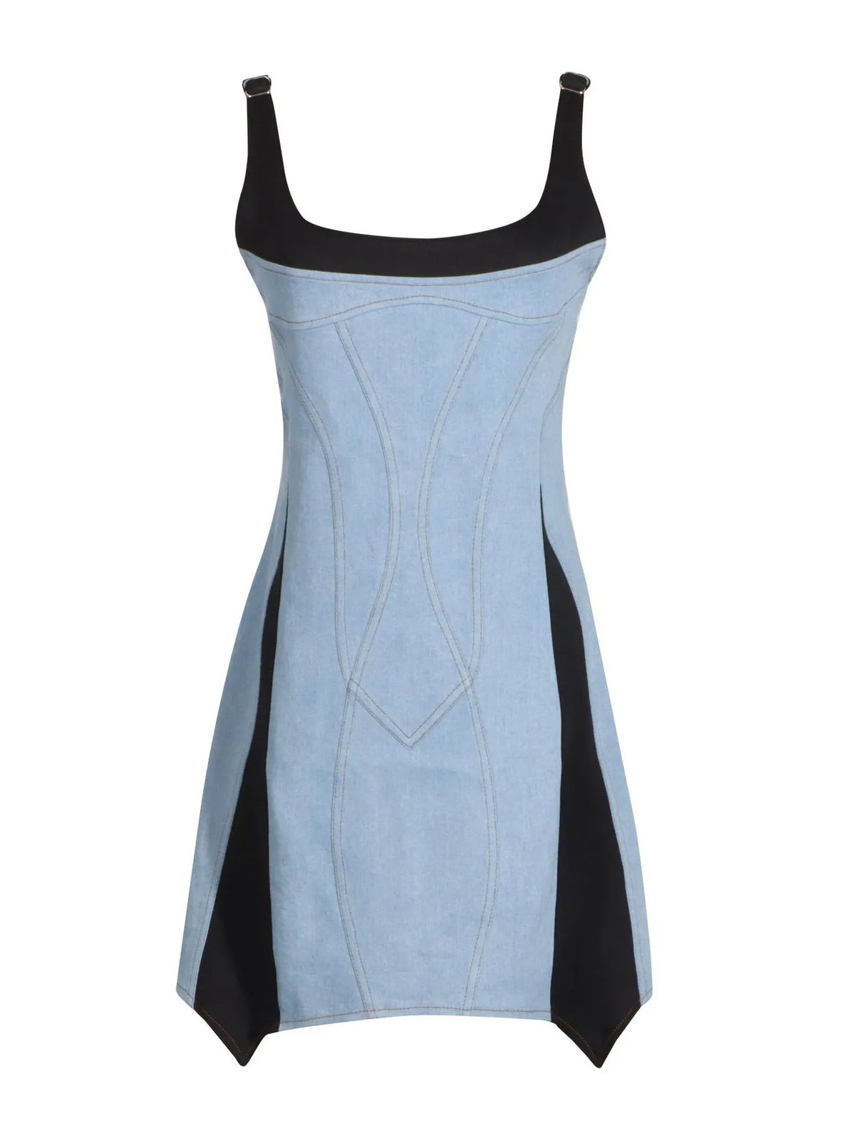 Contrast Adjustable Strap Denim Dress in Blue