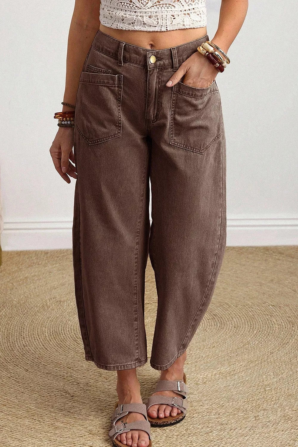 Square Patch Pocket Barrel Jeans in Coffee Brown