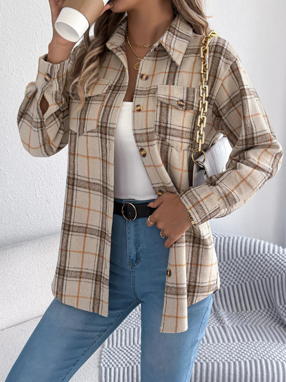 Plaid Button-Down Shacket by Clise