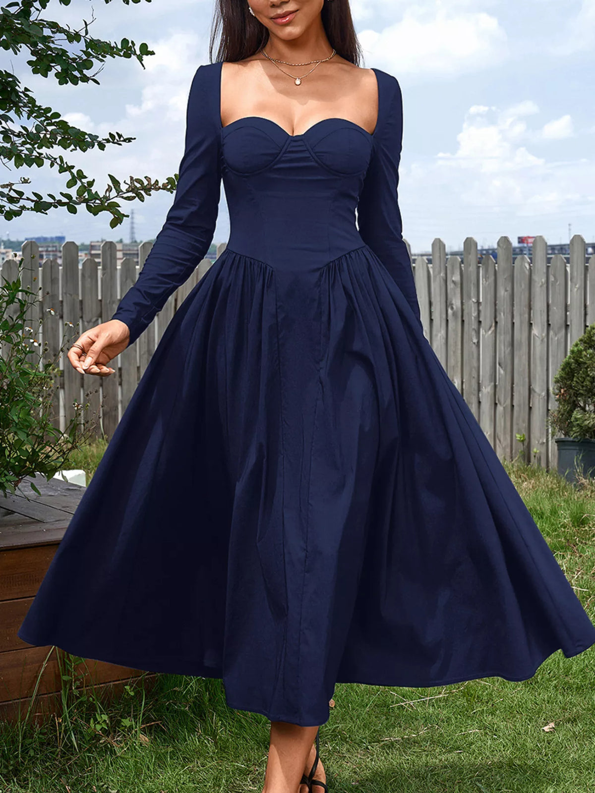 Sweetheart Neckline Long Sleeve A-Line Midi Dress