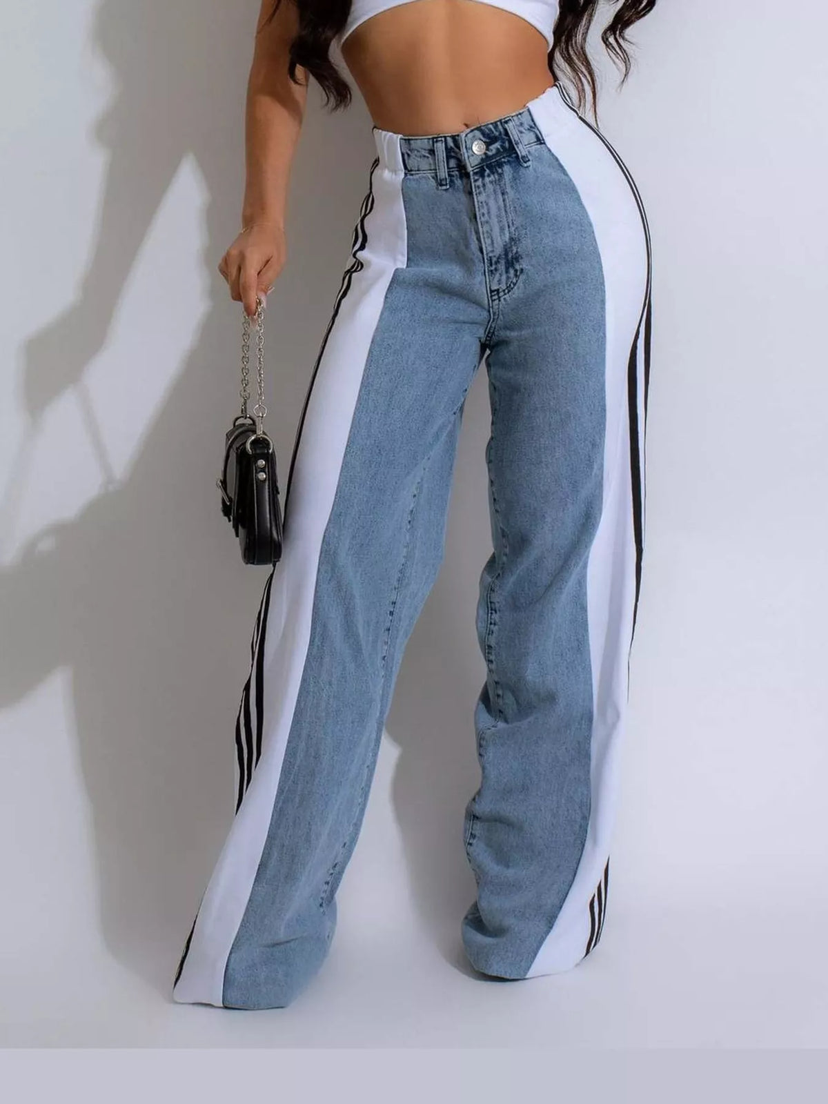 High-Waisted Wide-Leg Jeans with Side Stripe