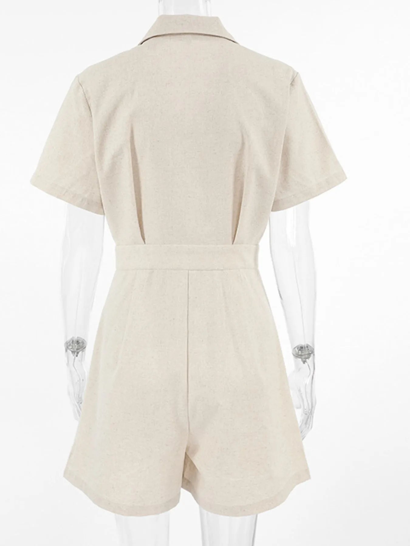 Button-Front Short Sleeve Romper in Beige