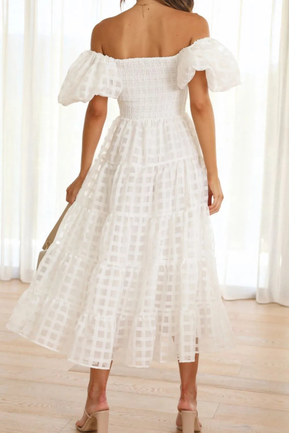 Off Shoulder Puff Sleeve Midi Dress