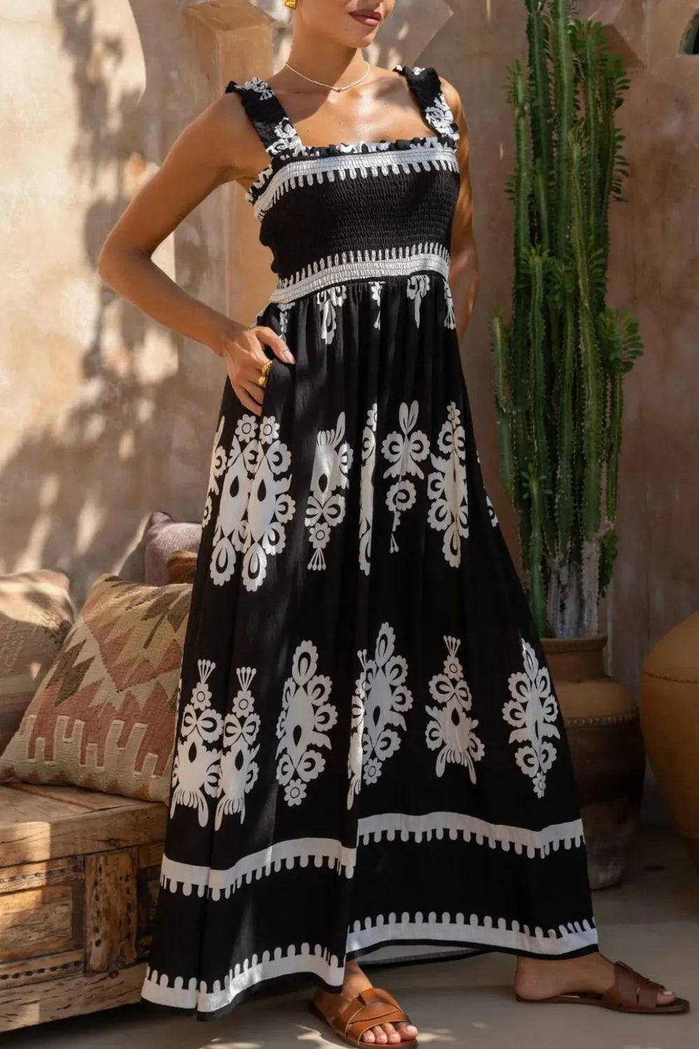 Printed Square Neck Cami Dress with Pockets