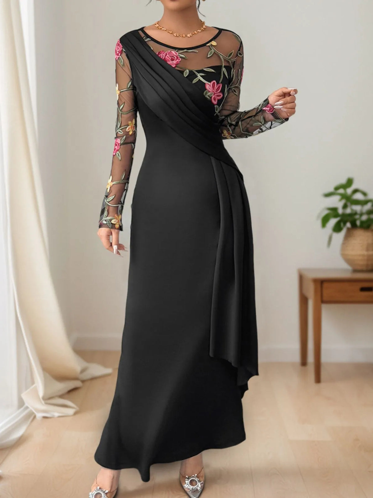 Floral Mesh Sleeve Ruched Maxi Dress in Black