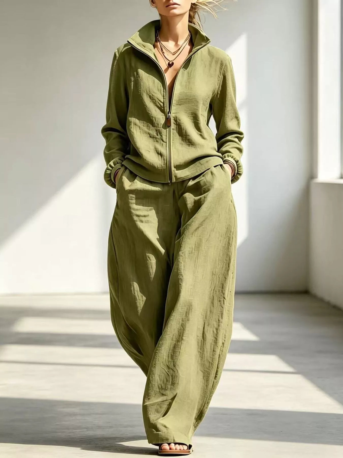 Zip-Up Jacket and Wide-Leg Pants Set in Peacock Blue