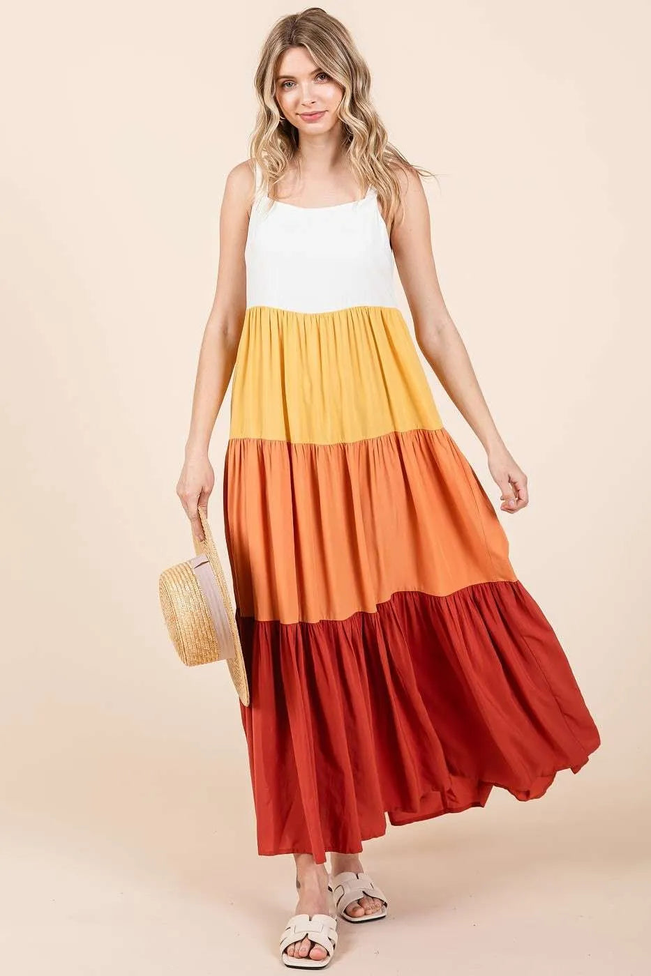 Color Block Tiered Maxi Dress in Apricot Multi by Mittoshop