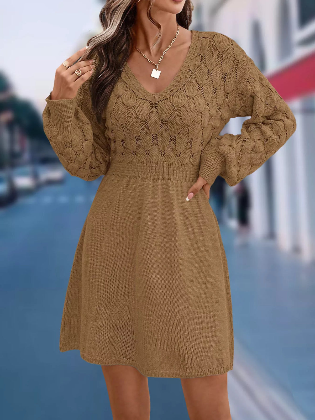 V-Neck Long Sleeve Sweater Dress with Openwork