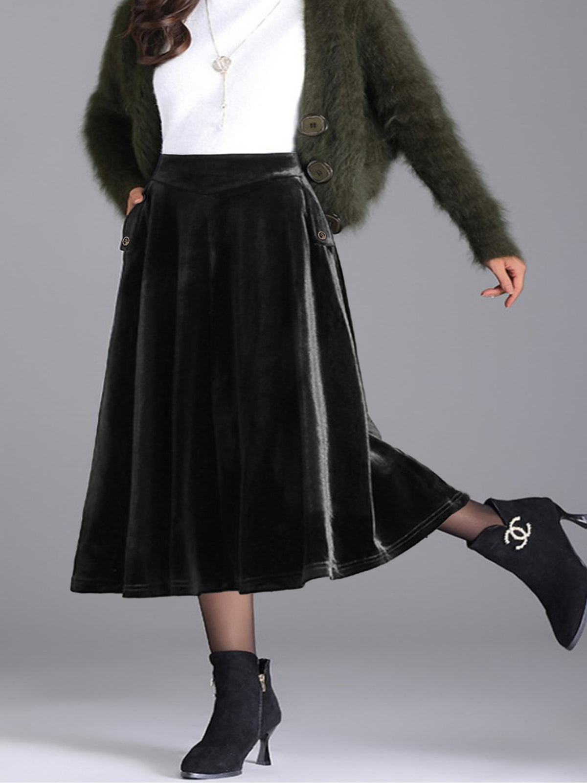 Plus Size Velvet A-Line Midi Skirt