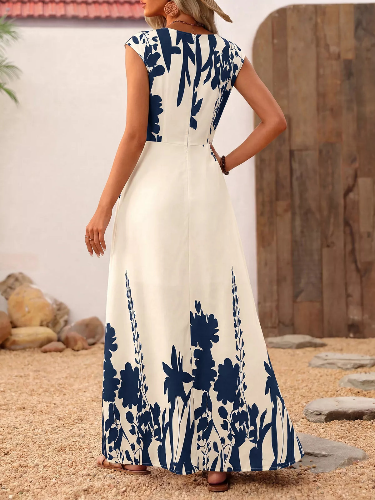 Printed Square Neck Maxi Dress in Blue