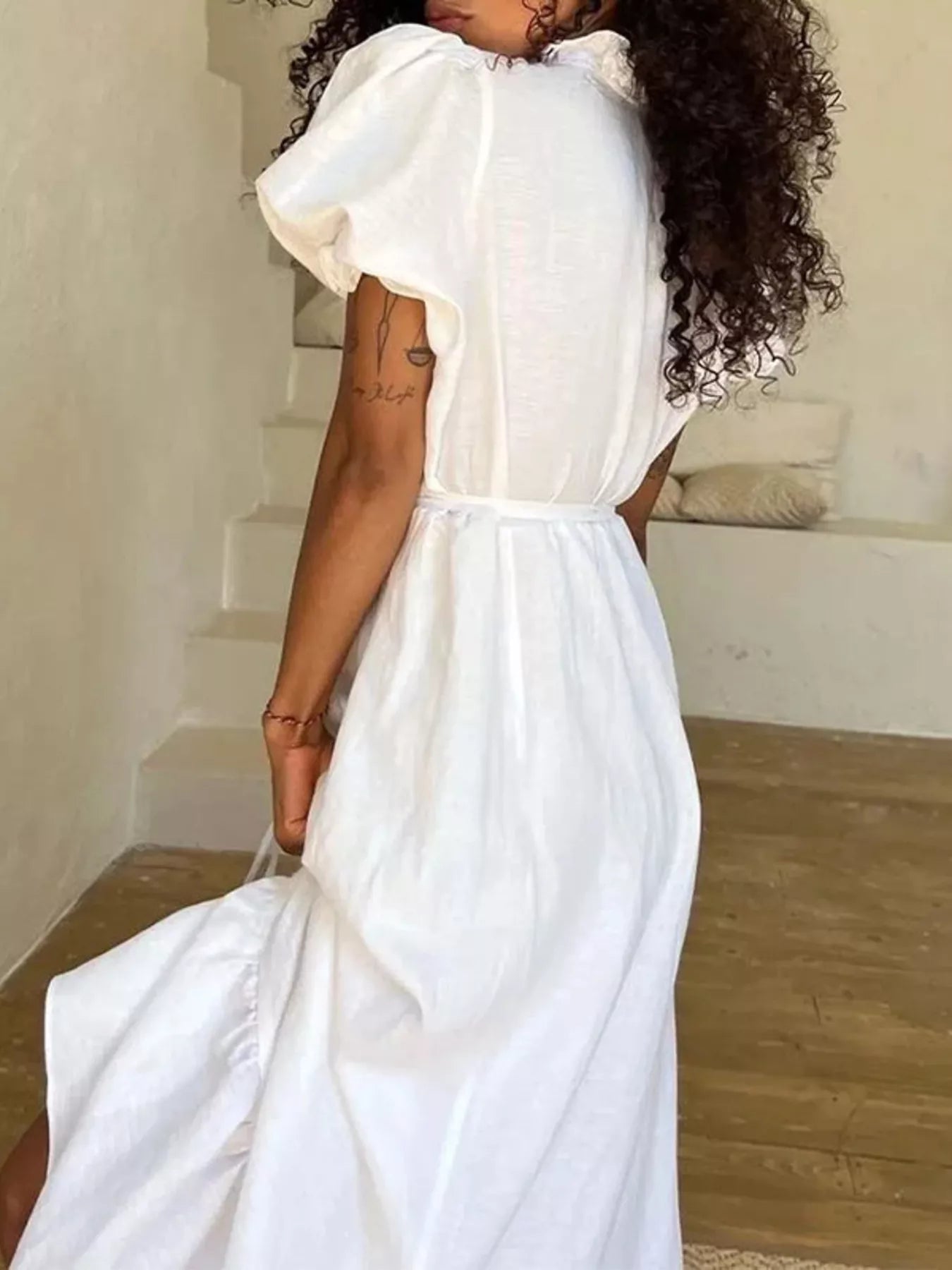 Ruffle Trim Puff Sleeve Maxi Dress