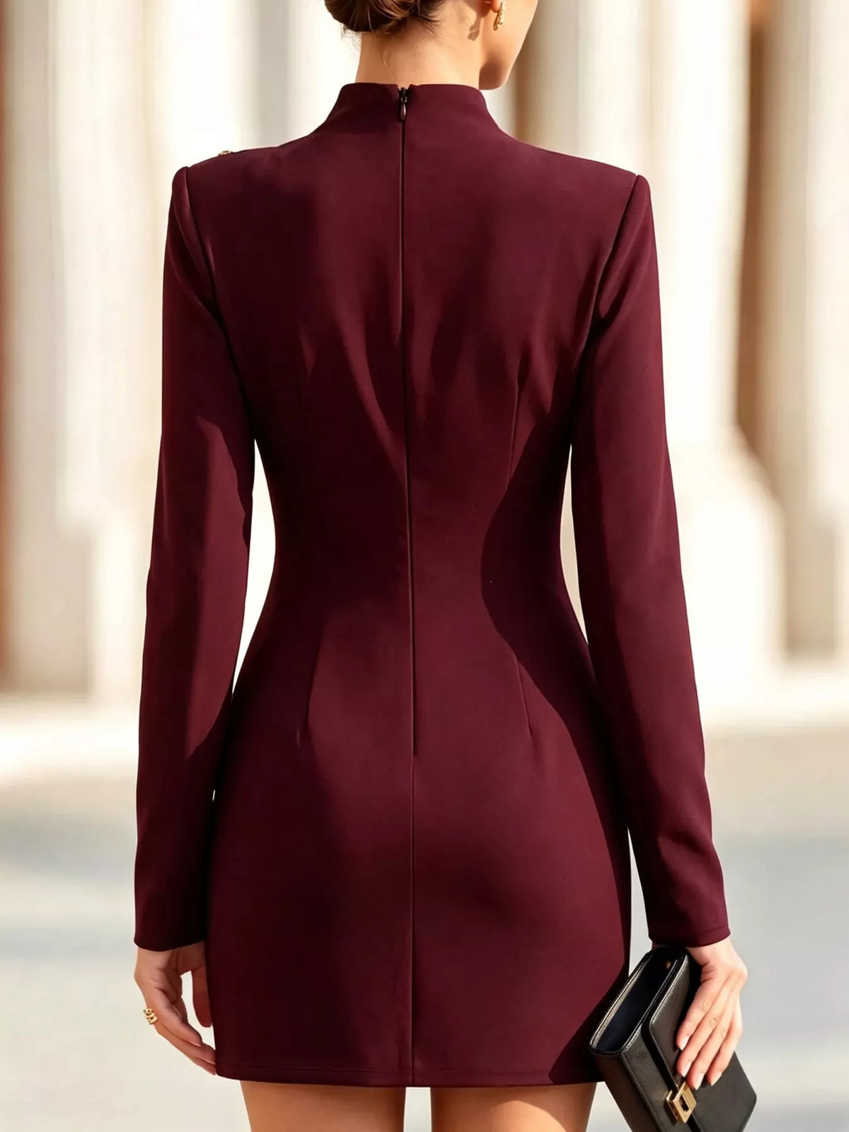 Decorative Button Mock Neck Mini Dress